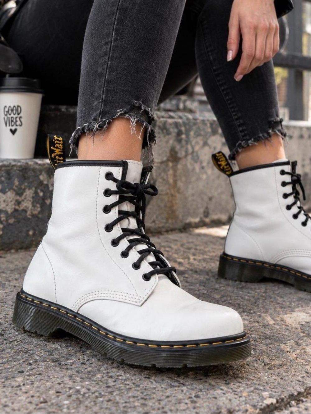 Dr. Martens Women’s White Lace-Up Combat Boots with Black Laces Size 7